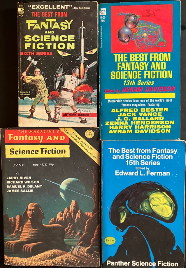 pictures of a copy of The Magazine of Fantasy and Science Fiction as well as 3 anthologies of the Best of the Magazine of Fantasy and Science Fiction